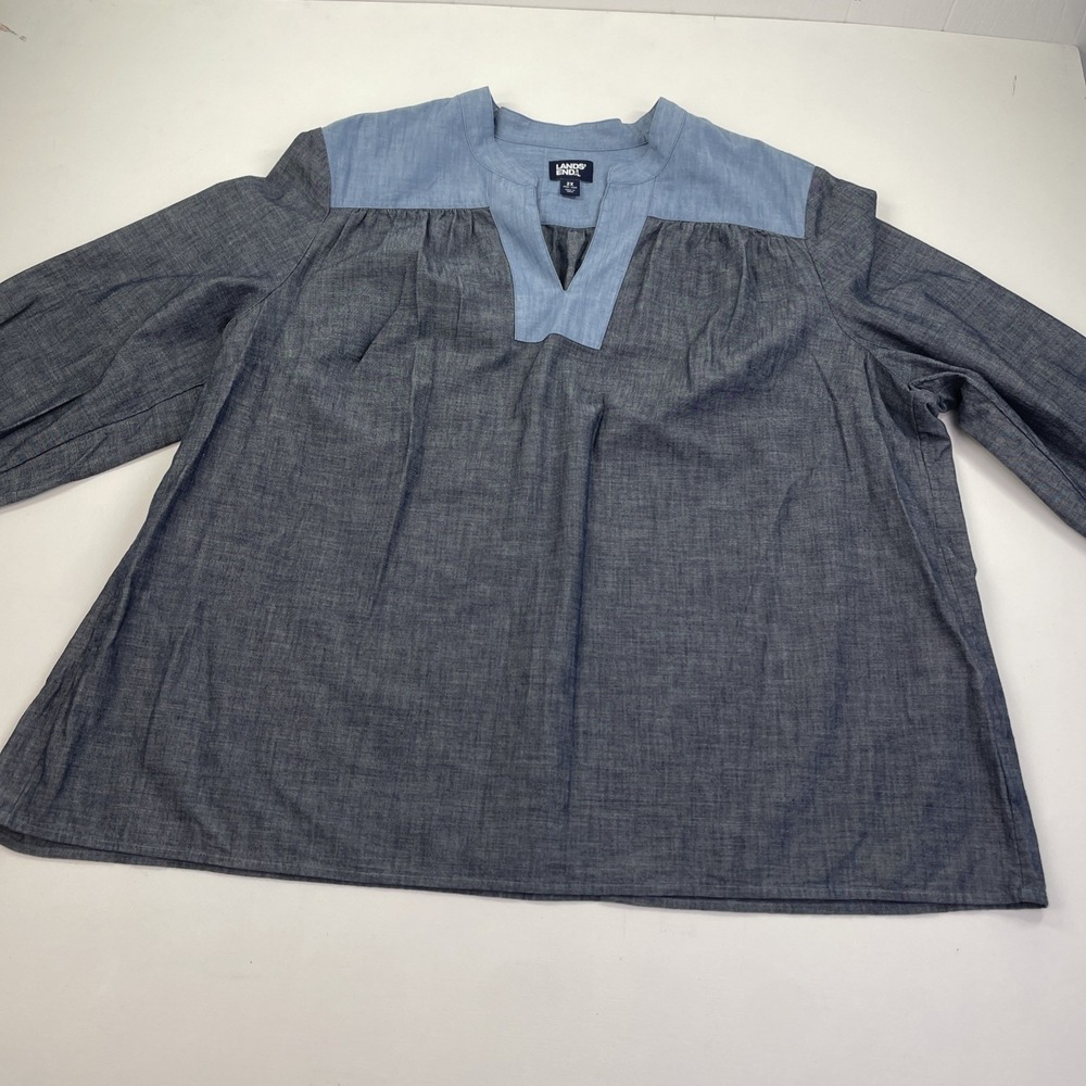 Lands End Top Womens 2XL Cotton Poplin Peasant Dark Indigo Chambray Shirt - Picture 1 of 9
